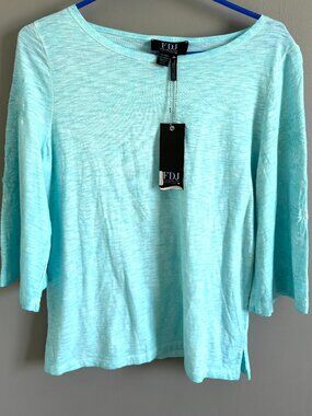 FDJ Turquoise Top with 3/4 Embroidered Bell Sleeves Women's S NWT